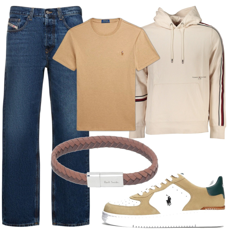Outfit uomo - Total look #1860908. Stile Casual per Tutti i giorni. Abbinamento con braccialetti, t-shirt, sneakers, jeans dritti, felpe con cappuccio.