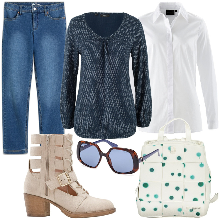 Outfit donna - Urban Explorer. Stile Urban per Tutti i giorni. Abbinamento con maglieria, camicie, jeans dritti, stivaletti, zaini, occhiali da sole.