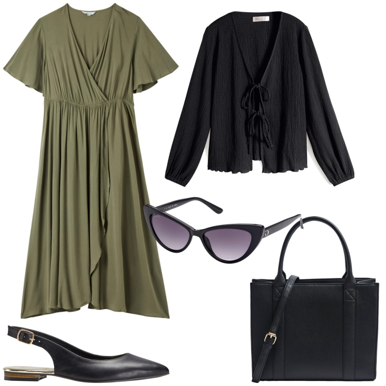 Outfit donna - Il look del lunedì. Stile Basic per Ufficio. Abbinamento con ballerine, cardigans, vestiti lunghi, shopping bag, occhiali da sole.