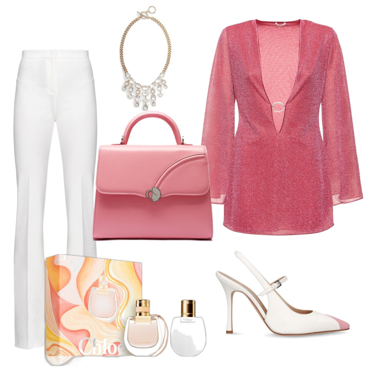 Outfit donna - Pronta per la serata. Stile Glamour per Serata fuori. Abbinamento con profumi, pantaloni, collane, vestiti, borse a mano, décolleté.