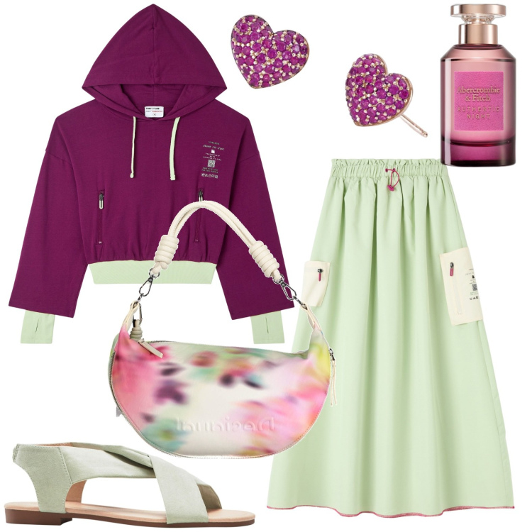 Outfit donna - Tempo libero. Stile Casual per Tutti i giorni. Abbinamento con sandali, profumi, felpe con cappuccio, gonne lunghe, orecchini, borse a spalla.