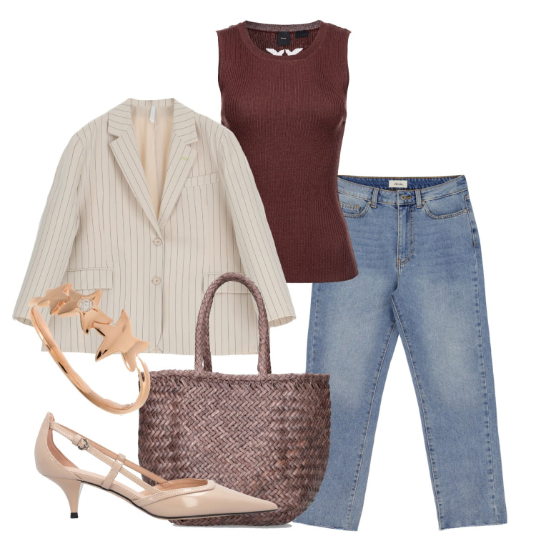 Outfit donna - Il tacco comodo. Stile Casual chic per Tutti i giorni. Abbinamento con top, décolleté, blazer, jeans slim fit, borse a mano, anelli.