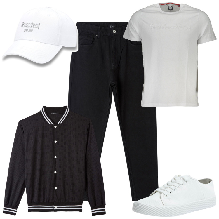 Outfit uomo - Cappellino Just Cavalli scontato. Stile Casual per Tutti i giorni. Abbinamento con pantaloni, bomber, sneakers, cappelli con visiera, t-shirt.