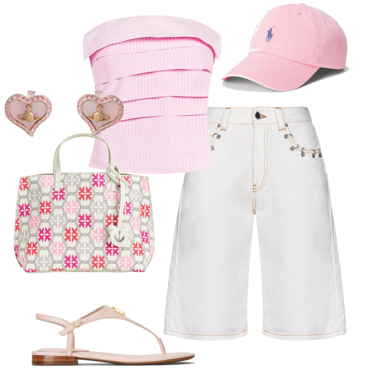 Outfit donna - City. Stile Casual chic per Tutti i giorni. Abbinamento con orecchini, shopping bag, pantaloni, top, cappelli, sandali in pelle.