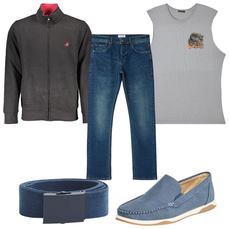 Outfit uomo - Total look #1861159. Stile Trendy per Tutti i giorni. Abbinamento con scarpe stringate, canottiere, jeans dritti, cinture, felpe.