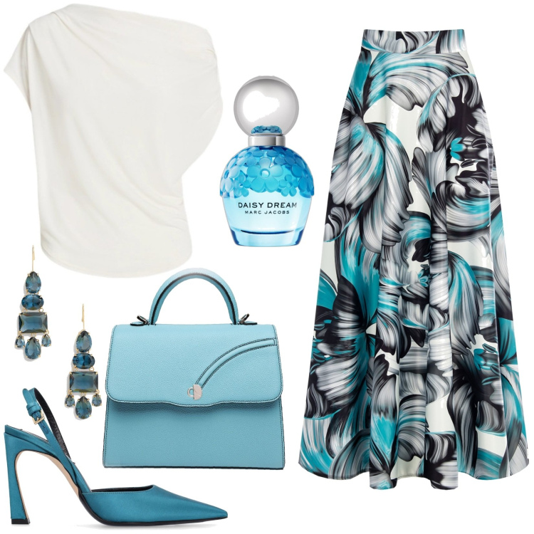 Outfit donna - Gioia e spensieratezza. Stile Glamour per Cerimonia. Abbinamento con profumi, gonne lunghe, top, orecchini, borse a mano, décolleté.
