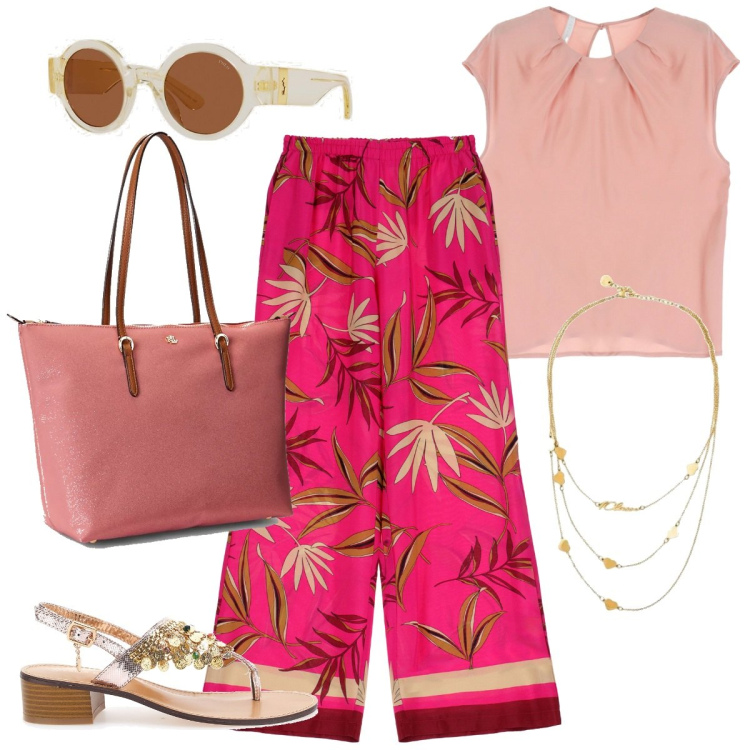 Outfit donna - Pantaloni ampi Japan. Stile Etnico per Cerimonia. Abbinamento con collane, pantaloni, top, occhiali da sole, borse tote, ciabatte.