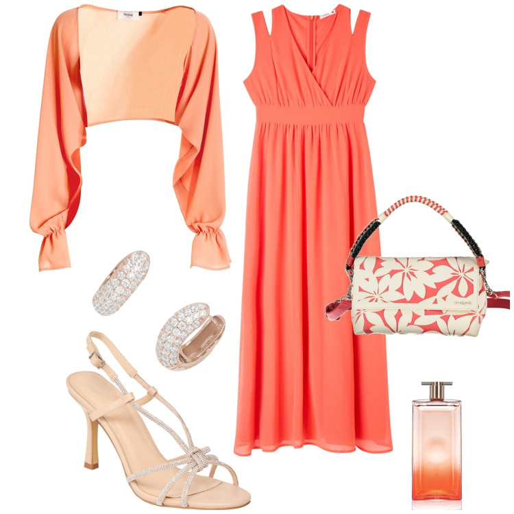 Outfit donna - Outfit cerimonia in sconto. Stile Chic per Cerimonia. Abbinamento con profumi, vestiti lunghi, sandali col tacco, orecchini, blazer, borse a spalla.