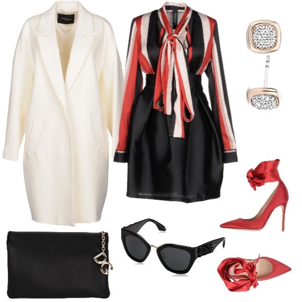 Outfit donna - Matrimonio d\'inverno. Stile Chic per Cerimonia. Abbinamento con vestito corto con fiocco a righe a maniche lunghe con zip interno sfoderato in raso, décolleté con tacco spillo a punta in raso tinta unita, cappotto effetto acetato collo con revers a maniche lunghe interno foderato in lana tinta unita, pochette con borchie nero, occhiali da sole nero, orecchini in placcato rodio argento e bianco.