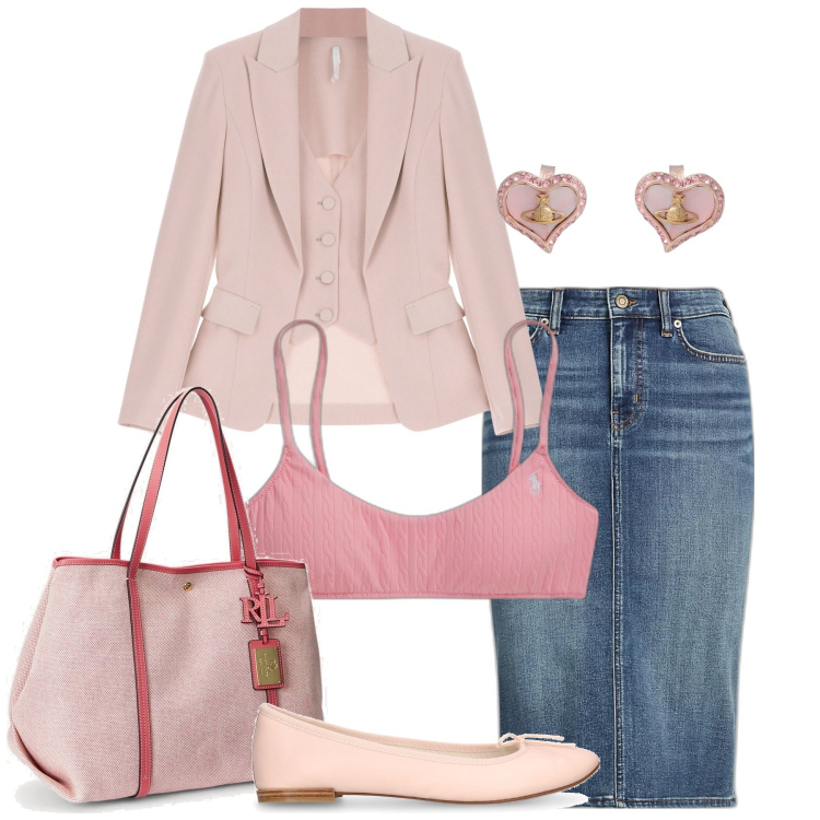 Outfit donna - L\'ufficio in rosa. Stile Bon Ton per Ufficio. Abbinamento con orecchini, blazer, gonne, borse tote, top, ballerine.