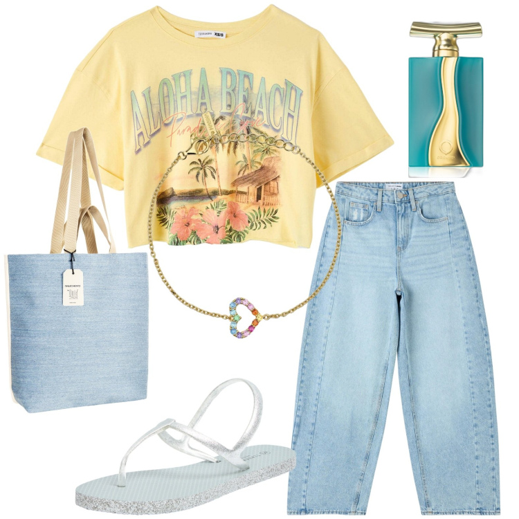 Outfit donna - Giallo e azzurro. Stile Casual per Tutti i giorni. Abbinamento con profumi, jeans, sandali, t-shirt, braccialetti, borse tote.