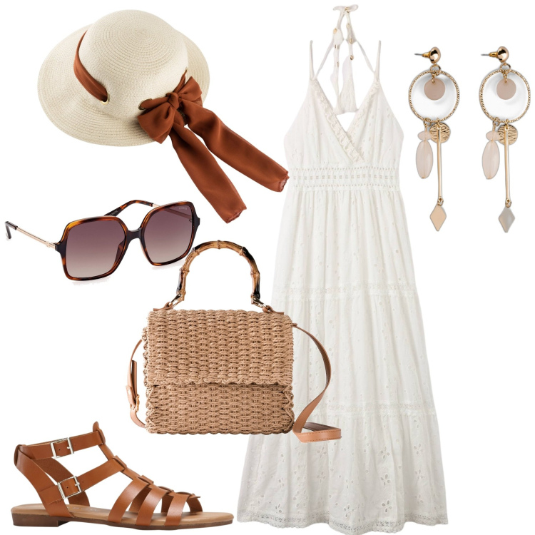 Outfit donna - Gita al mare. Stile Boho per Mare. Abbinamento con orecchini, cappelli, borse a mano, sandali, vestiti lunghi, occhiali da sole.