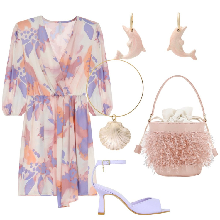 Outfit donna - Delicata. Stile Romantica per Cerimonia. Abbinamento con orecchini, vestiti corti, décolleté, borse a secchiello, braccialetti.