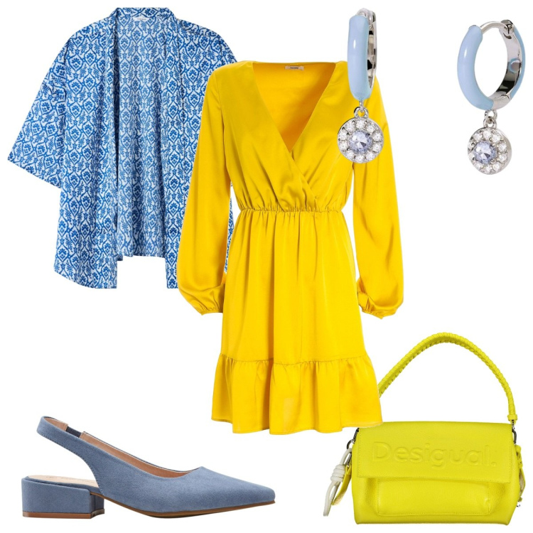 Outfit donna - Romantica in giallo e azzurro. Stile Romantica per Tutti i giorni. Abbinamento con décolleté, blazer, orecchini, vestiti, borse a spalla.