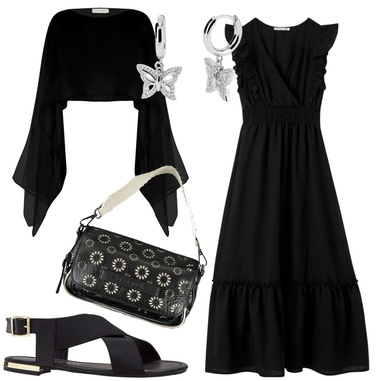 Outfit donna - City. Stile Casual chic per Tutti i giorni. Abbinamento con sandali, vestiti lunghi, orecchini, stole, borse a spalla.