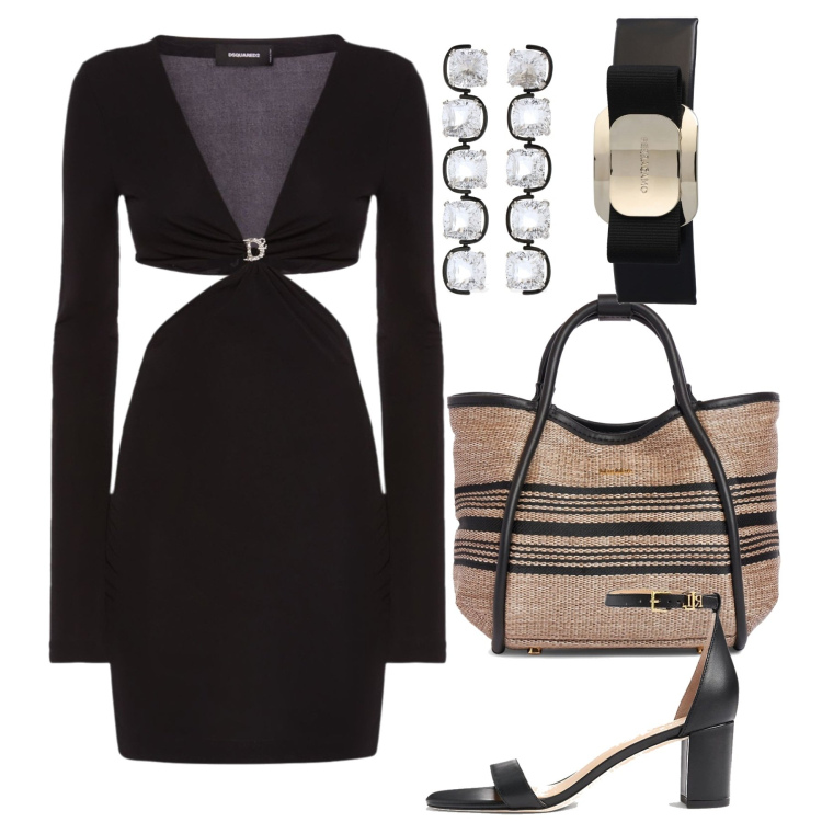 Outfit donna - La serata in centro. Stile Chic per Serata fuori. Abbinamento con sandali in pelle, orecchini, vestiti, borse a mano, accessori per capelli.
