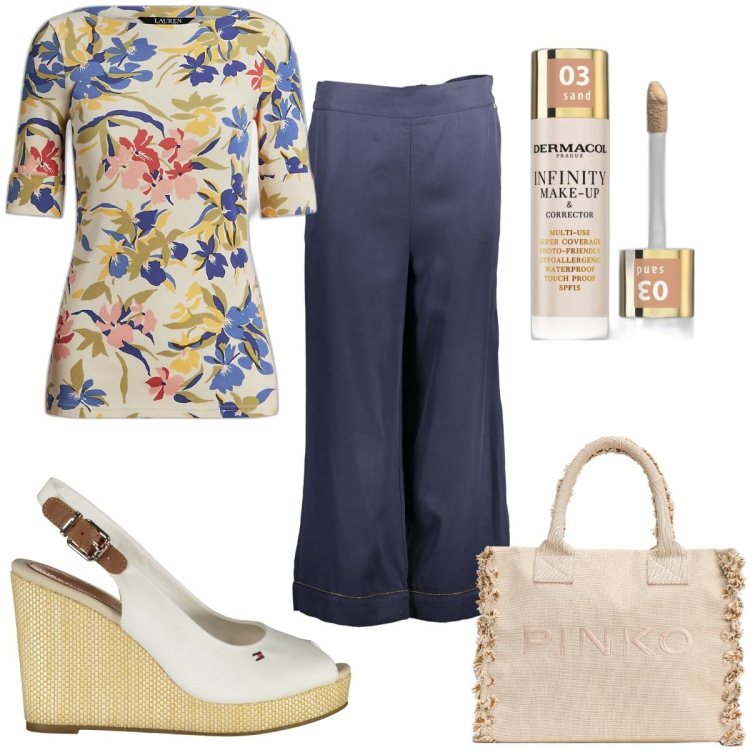 Outfit donna - Capsule Wardrobe: primavera minimal. Stile Minimal per Tutti i giorni. Abbinamento con fondotinta, shopping bag, maglieria, pantaloni, sandali.