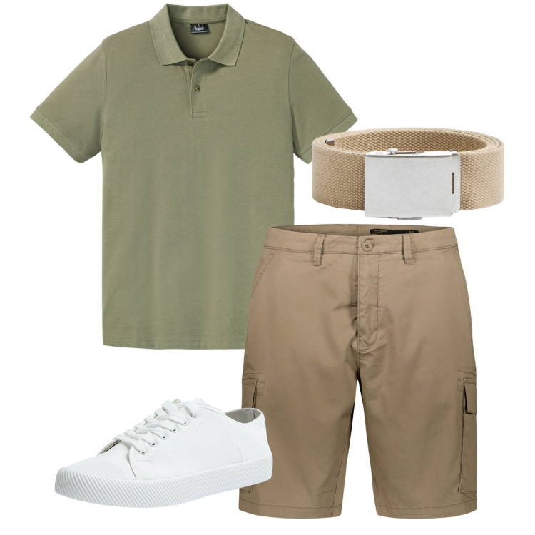 Outfit uomo - City. Stile Casual per Tutti i giorni. Abbinamento con polo, sneakers, cinture, bermuda.