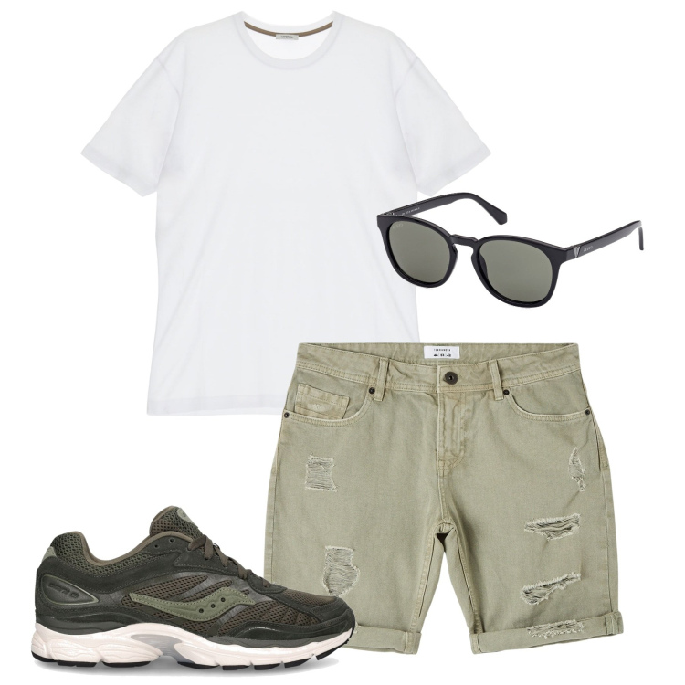 Outfit uomo - In spiaggia. Stile Casual per Tutti i giorni. Abbinamento con bermuda, t-shirt, sneakers, occhiali da sole.