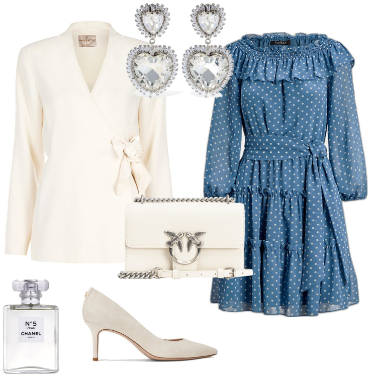 Outfit donna - Bon ton cerimonia evento speciale. Stile Bon Ton per Cerimonia. Abbinamento con profumi, borse a tracolla, blazer, vestiti, décolleté, orecchini.