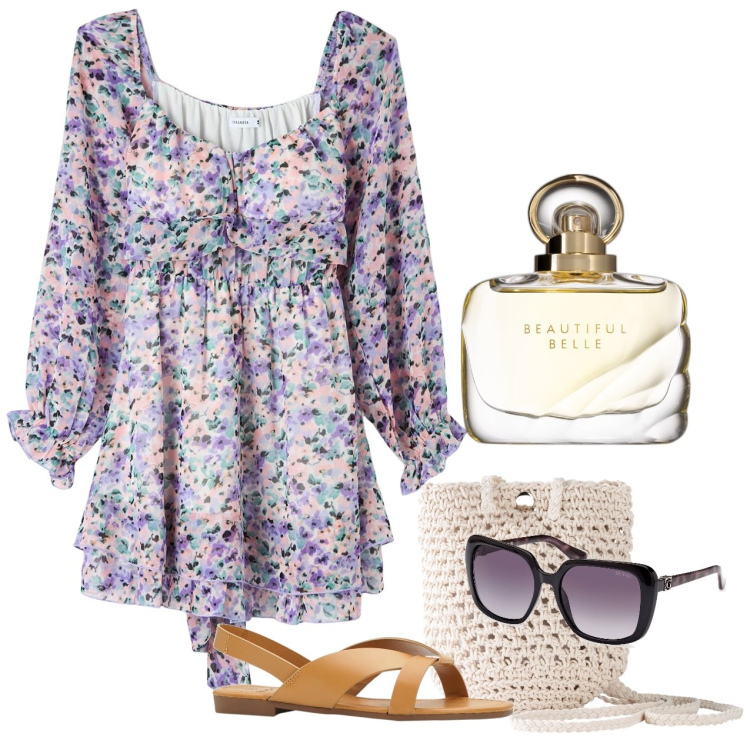 Outfit donna - Oggi romantica. Stile Romantica per Tutti i giorni. Abbinamento con sandali, borse a tracolla, profumi, vestiti corti, occhiali da sole.