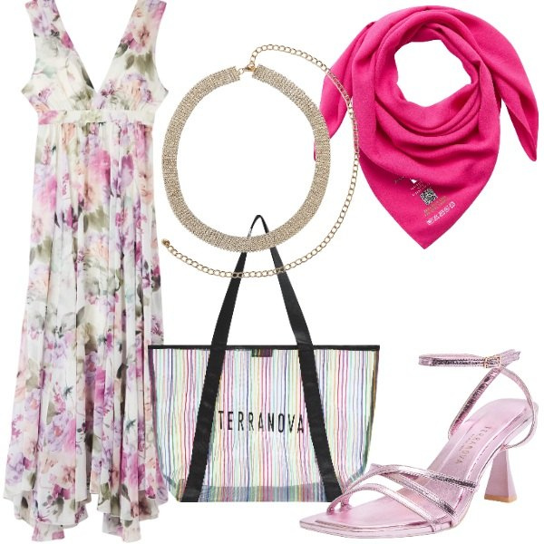 Outfit donna - Terranova Mid Season Sale. Stile Romantica per Tutti i giorni. Abbinamento con vestiti lunghi, collane, foulard, sandali col tacco, shopping bag.