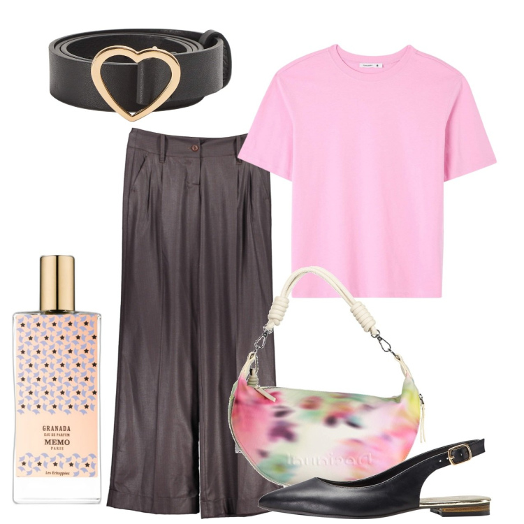 Outfit donna - Passo morbido. Stile Minimal per Tutti i giorni. Abbinamento con ballerine, cinture, t-shirt, profumi, pantaloni, borse a spalla.