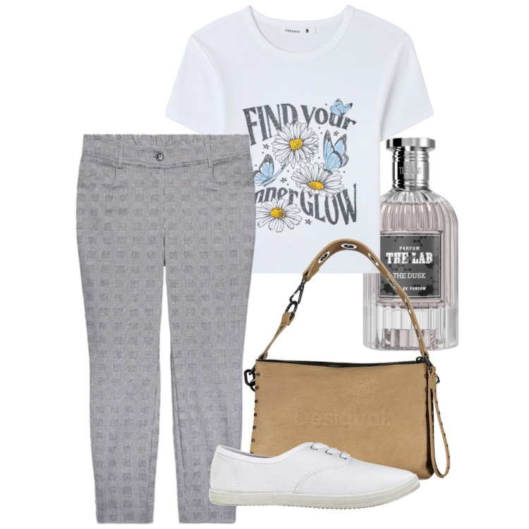 Outfit donna - Find your glow. Stile Basic per Tutti i giorni. Abbinamento con sneakers, profumi, t-shirt, pantaloni skinny, borse a spalla.
