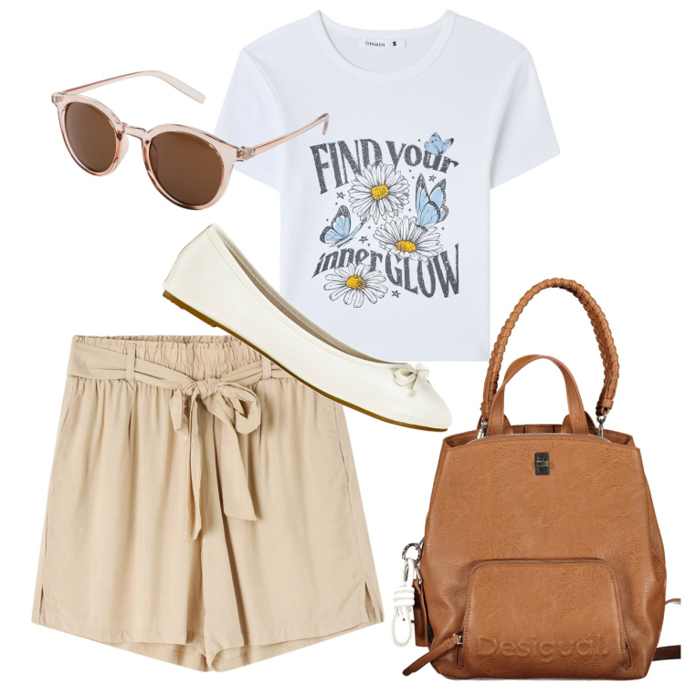 Outfit donna - Bermuda chic. Stile Casual per Tutti i giorni. Abbinamento con occhiali da sole, ballerine, t-shirt, shorts, zaini.