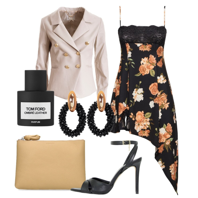 Outfit donna - Asimmetricamente perfetta. Stile Chic per Cerimonia. Abbinamento con orecchini, profumi, blazer, décolleté, vestiti asimmetrici, pochette.