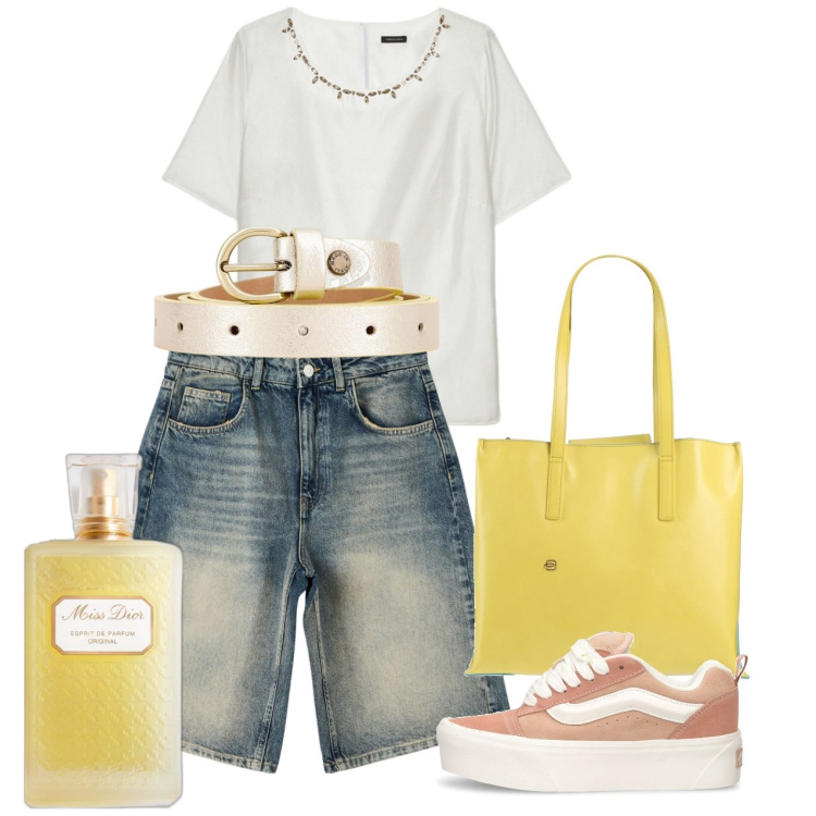 Outfit donna - Miss Dior in bermuda jeans. Stile Basic per Tutti i giorni. Abbinamento con borse a spalla, profumi, bermuda, cinture, sneakers, bluse.