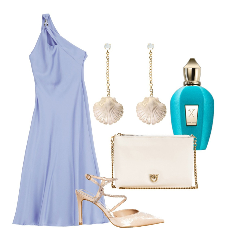 Outfit donna - Per le nozze al mare. Stile Chic per Cerimonia. Abbinamento con profumi, borse a tracolla, décolleté, vestiti asimmetrici, orecchini.