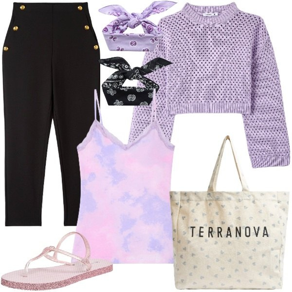 Outfit donna - Terranova Mid Season Sale. Stile Casual per Tutti i giorni. Abbinamento con pantaloni chino, maglieria, top, shopping bag, fasce per capelli, sandali.