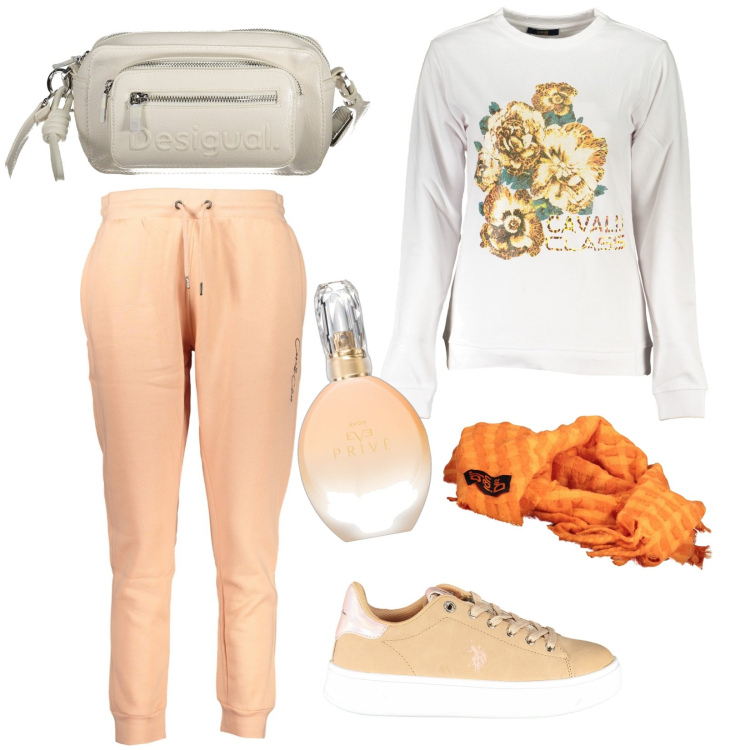 Outfit donna - Sportiva. Stile Sporty chic per Tutti i giorni. Abbinamento con profumi, felpe, sciarpe, borse a spalla, pantaloni, scarpe sportive.