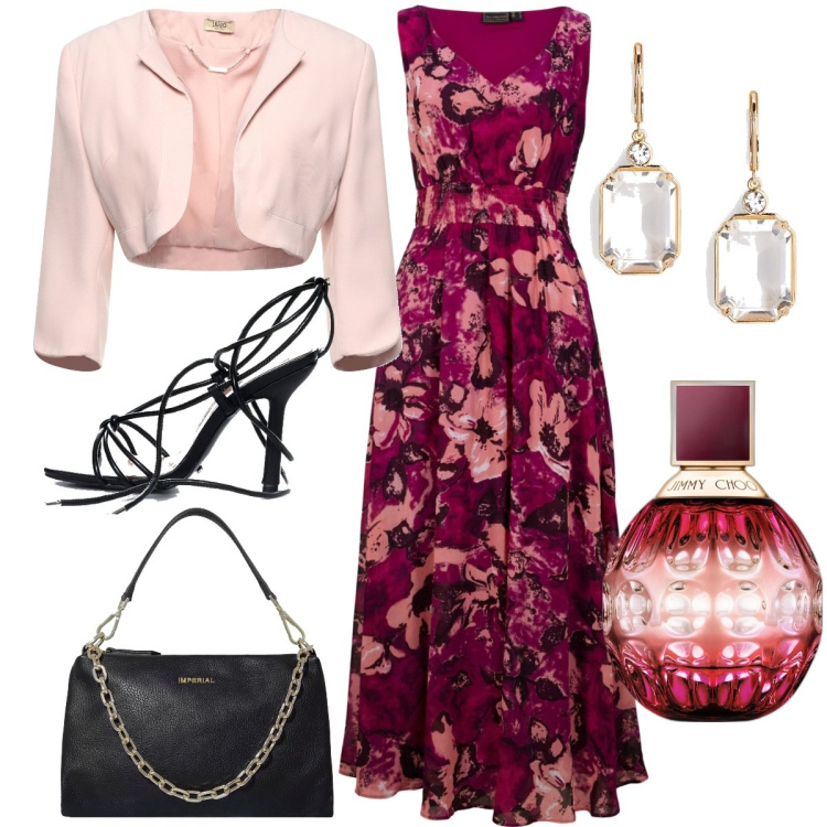 Outfit donna - Matrimonio a maggio. Stile Glamour per Cerimonia. Abbinamento con vestiti lunghi, blazer, profumi, sandali alla schiava, pochette, orecchini.