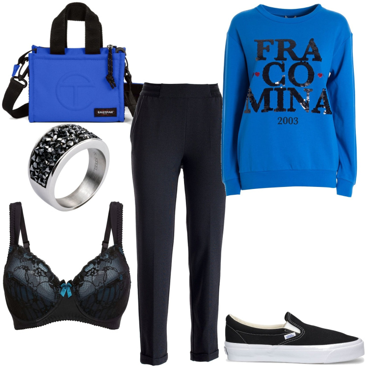 Outfit donna - Total look #1861370. Stile Sporty chic per Tutti i giorni. Abbinamento con reggiseni, anelli, pantaloni chino, felpe, shopping bag, sneakers.