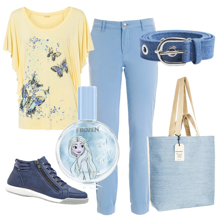 Outfit donna - Giallo e azzurro. Stile Basic per Tutti i giorni. Abbinamento con sneakers alte, maglieria, profumi, cinture, borse tote, pantaloni.