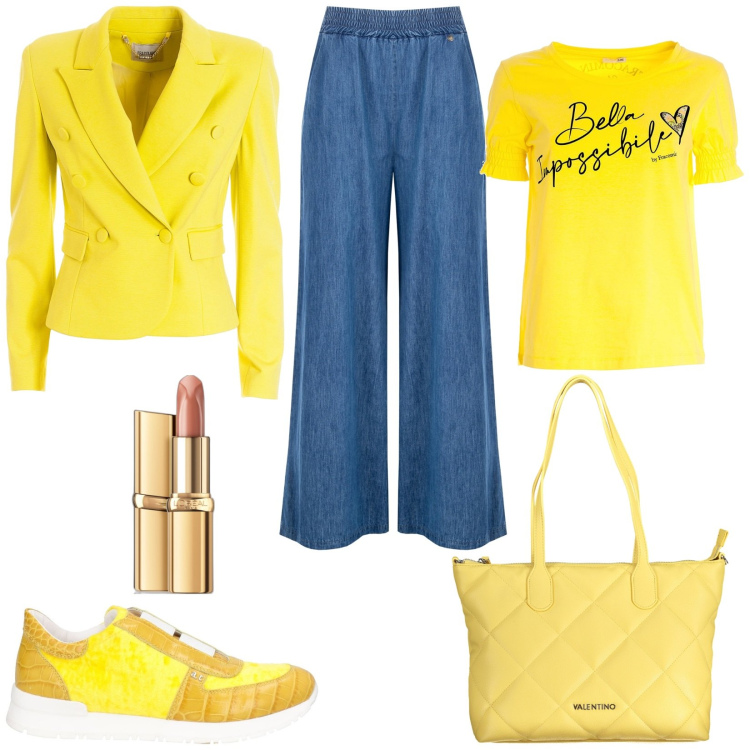 Outfit donna - Giallo e azzurro per la primavera. Stile Casual per Ufficio. Abbinamento con sneakers, rossetti, pantaloni, t-shirt, blazer, borse a spalla.