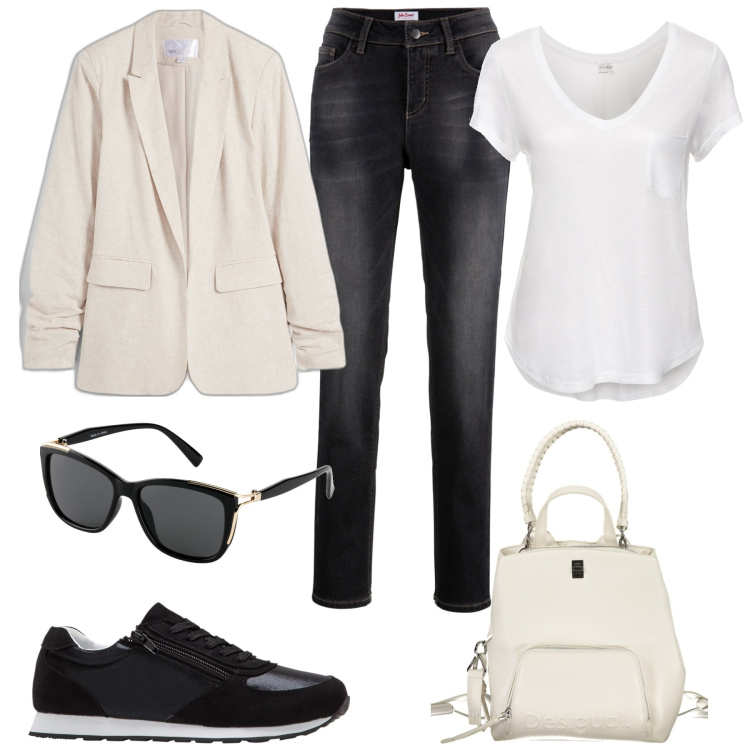 Outfit donna - Capsule Wardrobe. Stile Basic per Tutti i giorni. Abbinamento con t-shirt, sneakers, jeans boyfriend, blazer, occhiali da sole, zaini.