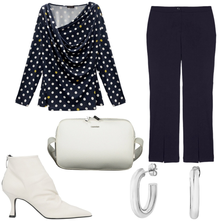 Outfit donna - New polka dots. Stile Bon Ton per Serata fuori. Abbinamento con stivaletti, orecchini, t-shirt, pantaloni, borse a tracolla.