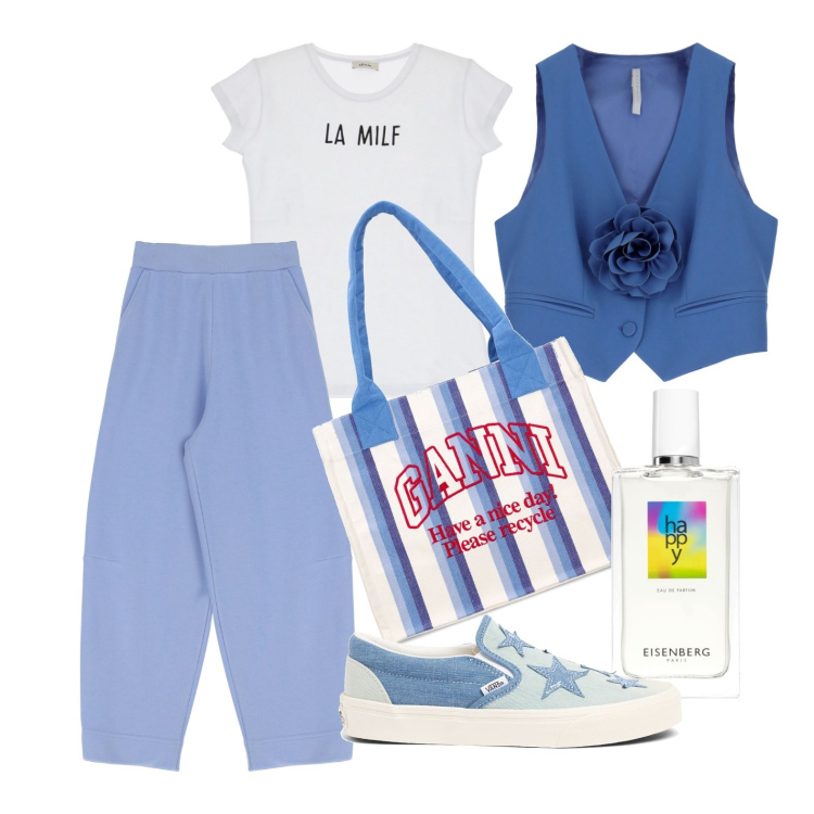 Outfit donna - Color mania: azzurro polvere. Stile Trendy per Tutti i giorni. Abbinamento con profumi, pantaloni, gilet, t-shirt, sneakers, shopping bag.