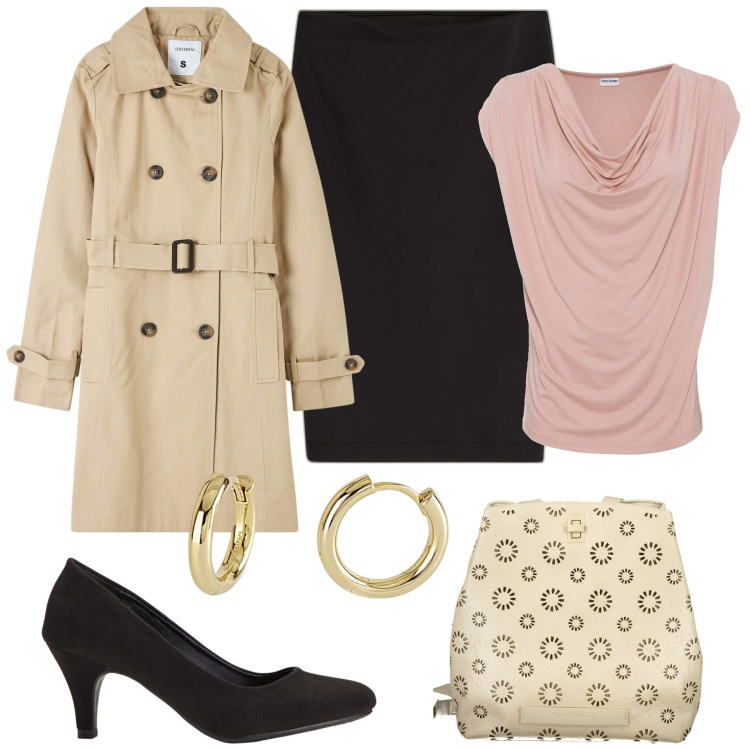 Outfit donna - Capsule Wardrobe. Stile Basic per Tutti i giorni. Abbinamento con maglieria, gonne longuette, décolleté, trench, orecchini, zaini.