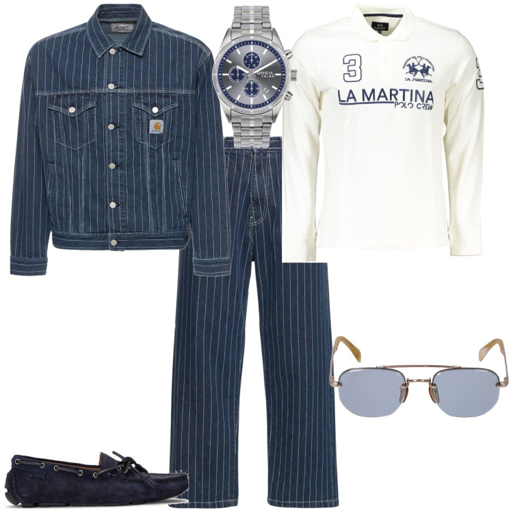 Outfit uomo - Urban chic denim gessato in città. Stile Urban per Tutti i giorni. Abbinamento con orologi, scarpe stringate, occhiali da sole, pantaloni, giacche, polo.