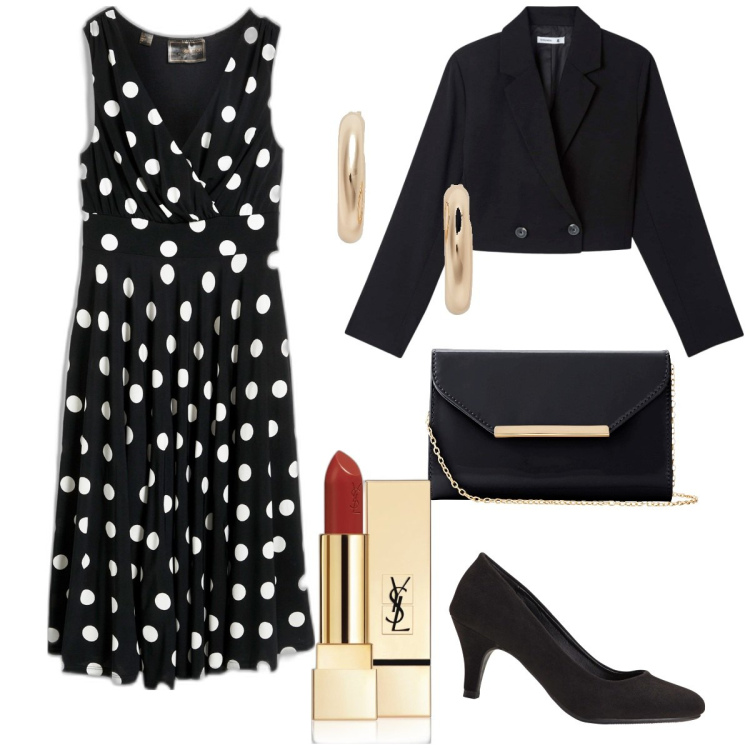 Outfit donna - Il vestito a pois. Stile Casual chic per Serata fuori. Abbinamento con vestiti, décolleté, pochette, rossetti, blazer, orecchini.