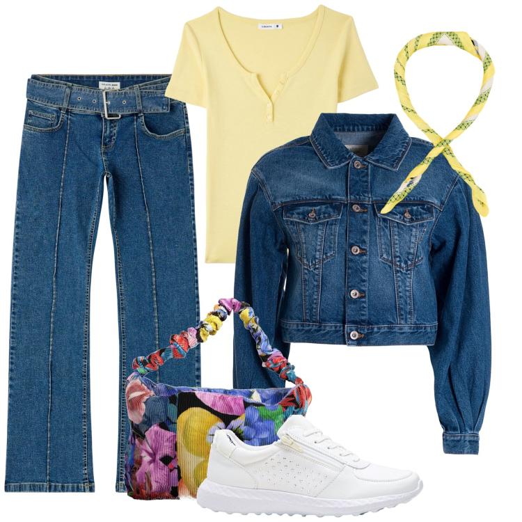 Outfit donna - Total look #1861421. Stile Trendy per Tutti i giorni. Abbinamento con sneakers, jeans a zampa, t-shirt, giacche, foulard, borse a spalla.