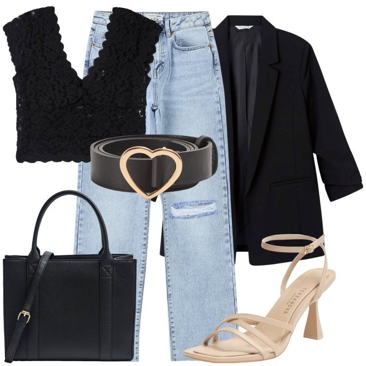 Outfit donna - Mid season sales. Stile Casual chic per Tutti i giorni. Abbinamento con t-shirt, cinture, jeans strappati, blazer, sandali col tacco, shopping bag.