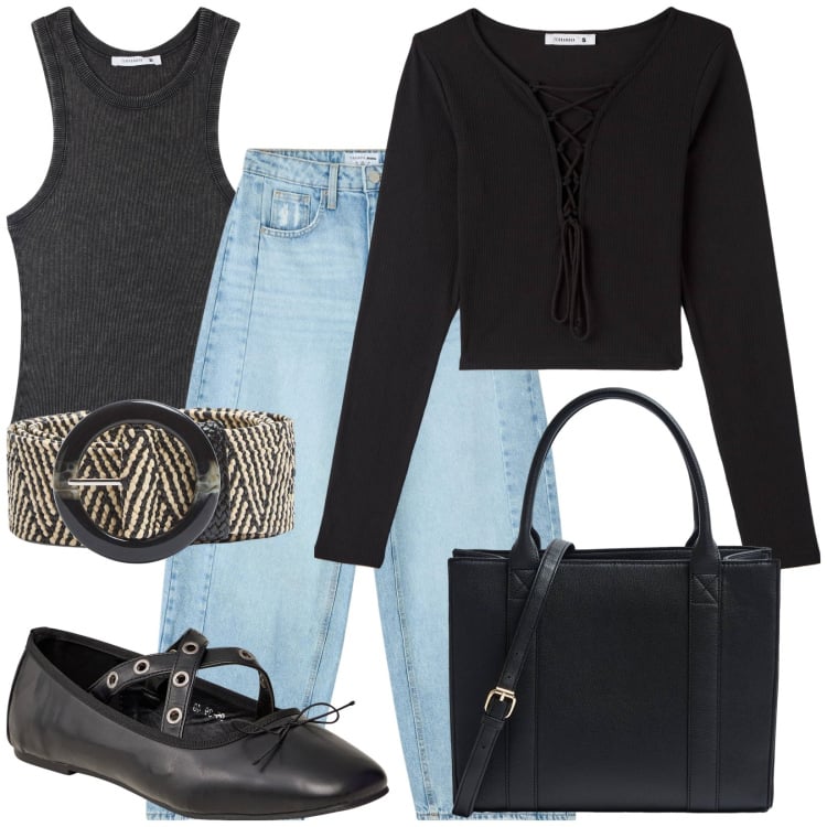 Outfit donna - Mid season sales. Stile Urban per Tutti i giorni. Abbinamento con t-shirt, ballerine, canottiere, shopping bag, jeans, cinture.