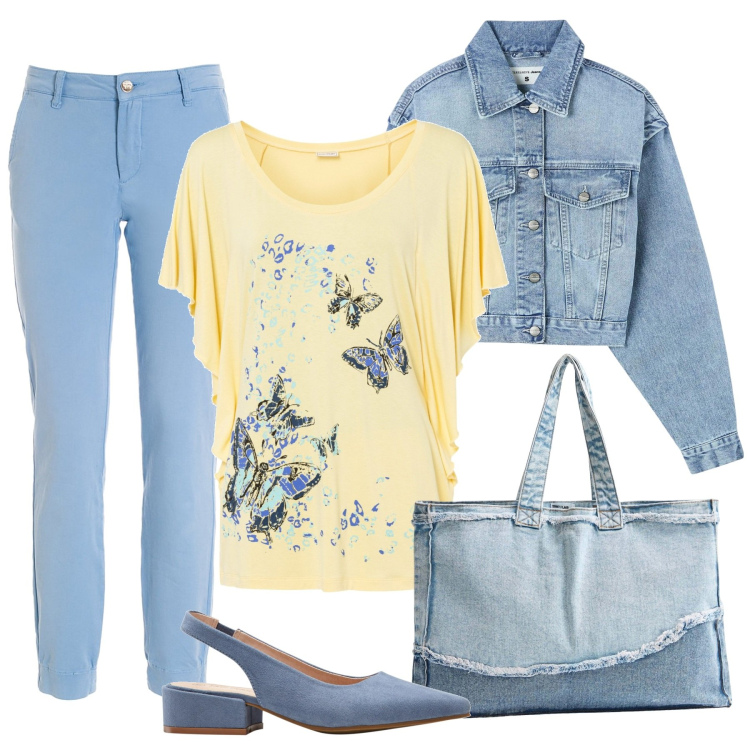 Outfit donna - Yellow and blue. Stile Basic per Tutti i giorni. Abbinamento con décolleté, maglieria, blazer, shopping bag, pantaloni.