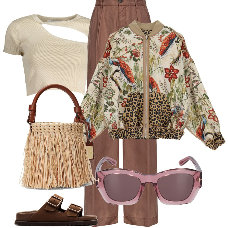 Outfit donna - earth day. Stile Urban per Tutti i giorni. Abbinamento con pantaloni, blazer, borse a secchiello, occhiali da sole, t-shirt, sandali in pelle.