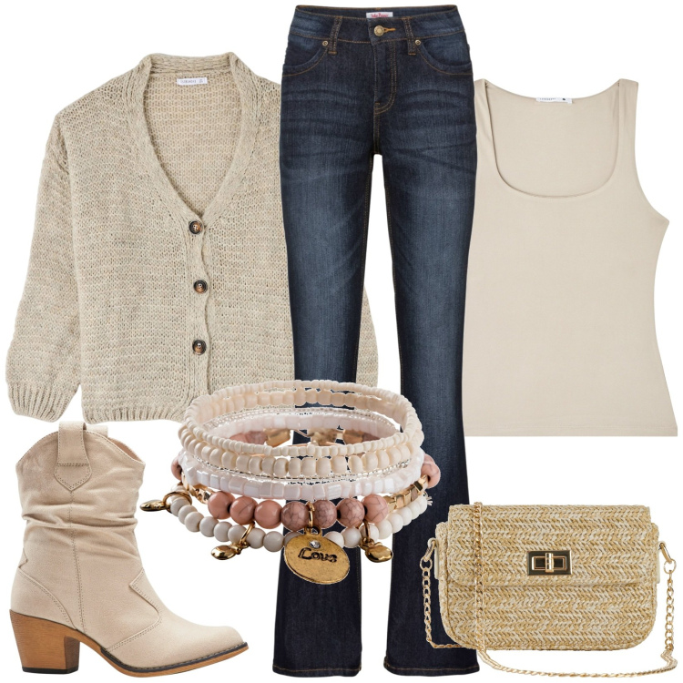 Outfit donna - Earth day. Stile Casual per Tutti i giorni. Abbinamento con jeans bootcut, braccialetti, stivaletti texani, borse a mano, cardigans, canottiere.